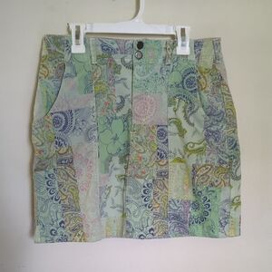 Pilcro Anthropologie Green Paisley Patchwork Denim Mini Skirt Women's Size 4